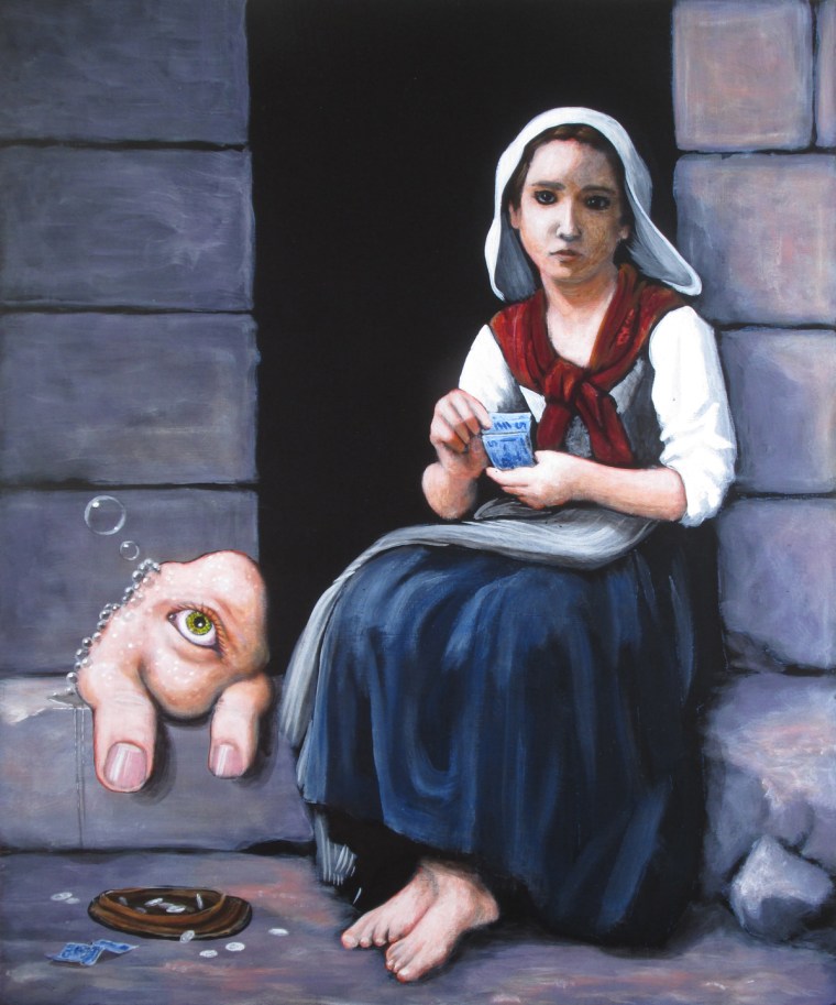 La mendiante et son charme, 12 x 10" acrylique sur panneau