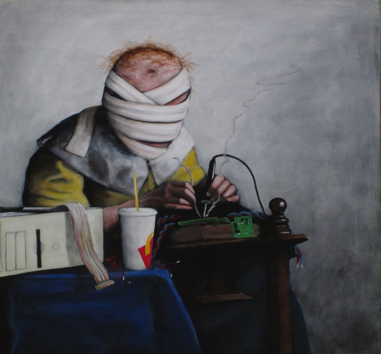 Malformation professionnelle, 9 x 9" acrylique sur panneau